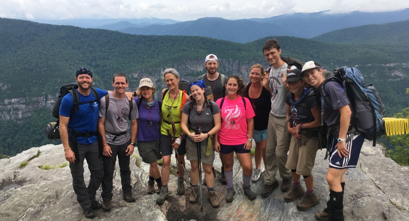 adult backpacking trip in blue ridge mountains